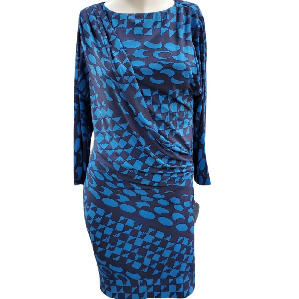 ❄️ Donna Morgan Long Sleeve Navy and Blue Modest Knee Length Dress Size 2